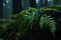 a fern leaf in the forest with water droplets on it Royalty Free Stock Photo