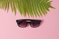 Fern leaf, sunglasses on pink pastel background. The concept of travel, tourism, beach resort. Summertime. Top View.