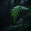 a fern leaf with water droplets on it in the dark Royalty Free Stock Photo