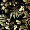 Fern leaves floral gold vector seamless pattern. Ornate leafy background. Ornamental repeat backdrop. Tropical abstract forest. Royalty Free Stock Photo