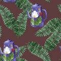 Fern leaves and teapot pattern. Made in watercolor