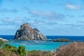 Fernando de Noronha, Brazil. View of Morro dos Dois Irmaos with plants in foreground