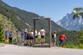 Fernpass, Austria - Aug 6, 2020: Tourists stop to see west side Zugspitze at viewpoint