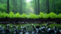 Ferns growing by forest puddle, misty sunlit background, nature scene Royalty Free Stock Photo