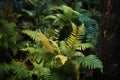 ferns and underbrush in a dimly lit woodland Royalty Free Stock Photo