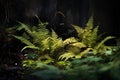 ferns and underbrush in a dimly lit woodland Royalty Free Stock Photo