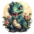 Ferocious baby dinosaur with roses behind isolated on white background, dyno, flowers, isolated, cute, baby dynosaur, sticker Royalty Free Stock Photo