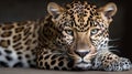 Ferocious carnivore leopard sit and relaxed and stare at the camera with dark background Royalty Free Stock Photo