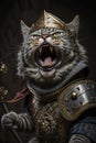 ferocious cat roars uses armor gold ornaments Royalty Free Stock Photo