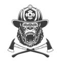 Ferocious gorilla head in firefighter helmet