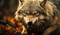 Ferocious Grey Wolf Snarling Aggressively in the Forest, Showcasing Wild Predatory Instincts and the Intense Survival Essence of Royalty Free Stock Photo