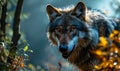 Ferocious Grey Wolf Snarling Aggressively in the Forest, Showcasing Wild Predatory Instincts and the Intense Survival Essence of Royalty Free Stock Photo