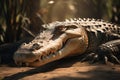 A ferocious and intimidating Nile Crocodile basking in the sun, showing off its ferocious and intimidating nature. Generative AI