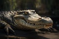 A ferocious and intimidating Nile Crocodile basking in the sun, showing off its ferocious and intimidating nature. Generative AI Royalty Free Stock Photo