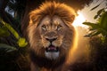 A ferocious lion roars at the camera at sunset. AI Generated