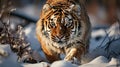 A ferocious tiger walking through the snow. Royalty Free Stock Photo