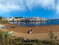 Ferragudo fishing village evening summer view with boats on water near Marina Portimao, Lagoa, Algarve, Portugal. Peoples Royalty Free Stock Photo