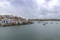 View of the quaint fishing village of Ferragudo on the Algarve coast of Portugal