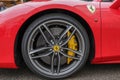 Ferrari wheel with a big yellow Ferrari brake pump , Ferari F8 tribute Royalty Free Stock Photo