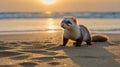 Adorable Ferret on Sandy Beach at Sunset Royalty Free Stock Photo