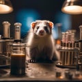 A ferret dressed as a mad scientist, surrounded by miniature test tubes and beakers5