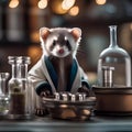 A ferret dressed as a mad scientist, surrounded by miniature test tubes and beakers4