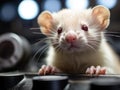 Ferret in lab coat examining tiny microscope