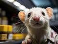 Ferret in lab coat examining tiny microscope