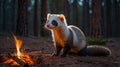 Adorable Polecat Near Campfire in Forest at Night Royalty Free Stock Photo
