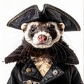 Ferret Portrait Dressed as Pirate with Black Hat and Coat on White Background Royalty Free Stock Photo