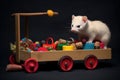 ferret pulling a toy wagon filled with playthings Royalty Free Stock Photo