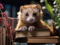 Ferret reading tiny book in mini library