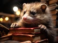 Ferret reading tiny book in mini library