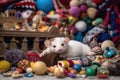 a ferret sleeping soundly among a pile of toys