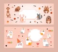 Ferret, squirrel, hare, hamster, hedgehog, rabbit cute character, invitation card with text place, flat vector