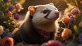 Adorable Ferret Posing Amidst Vibrant Blooms in Golden Sunlight Royalty Free Stock Photo
