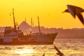 Ferries, seagulls and Suleymaniye Mosque in Istanbul Royalty Free Stock Photo