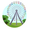 Ferris big observation rotating wheel in park at green leaves Royalty Free Stock Photo