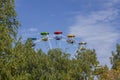 Ferris wheel cabins over the autumn forest against the blue sky