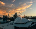 Ferris wheel with city skyline against sunset at Navy Pier,Chicago Royalty Free Stock Photo