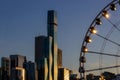 Ferris wheel with city skyline against sunset at Navy Pier,Chicago Royalty Free Stock Photo