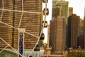 Ferris wheel with city skyline against sunset at Navy Pier,Chicago Royalty Free Stock Photo