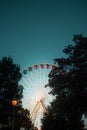 Ferris wheel at dusk set against a twilight sky with trees in the foreground Royalty Free Stock Photo