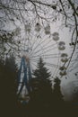 Ferris wheel in an old abandoned park in the autumn in thick fog Royalty Free Stock Photo