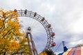 Ferris wheel with red retro cabs in Prater. Vienna Giant Wheel in Amusement Park, Vienna, Austria Royalty Free Stock Photo