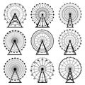 Ferris wheel silhouette circle vector illustration. Carnival. Funfair background.Carousel, motion. Royalty Free Stock Photo