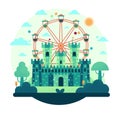 Ferris wheel spinning flat cartoon vector illustration - Amusement park with fairy tale castle Royalty Free Stock Photo