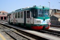 Ferrovia Circumetnea green and white old rolling stock locomotive at Randazzo Station, Sicily, Italy