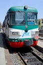 Ferrovia Circumetnea green and white old rolling stock locomotive at Randazzo Station, Sicily, Italy