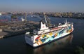 Ferry Anastasia leaves along the sea channel of St. Petersburg to Finland. Royalty Free Stock Photo